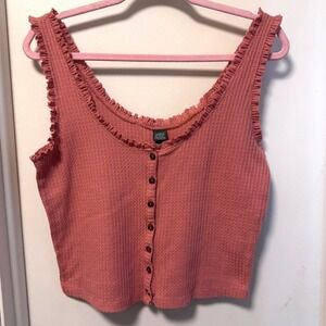 Indie Boho Cropped Ruffle Knit Dusty Rose Pink Button Front Tank Top M Coquette